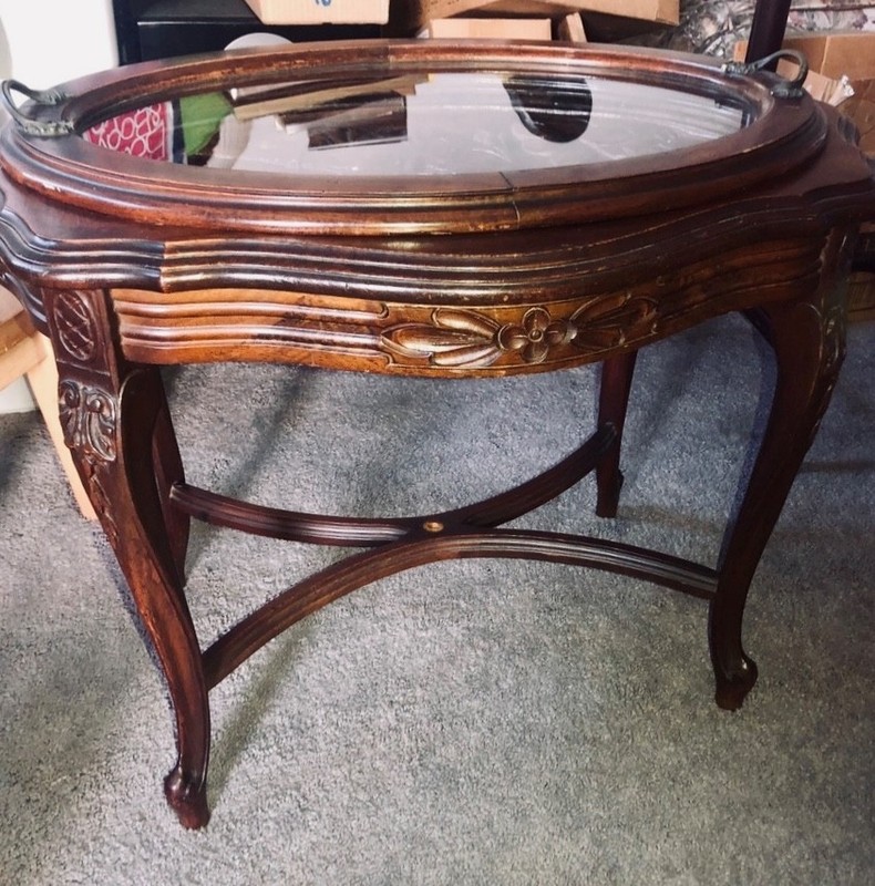 Antique Oval Walnut Coffee Table with Serving Tray