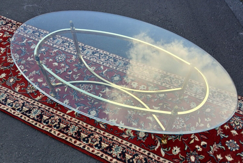 Mid Century Labarge Style Oval Beveled Glass Brass Coffee Table Flame Feet Riser