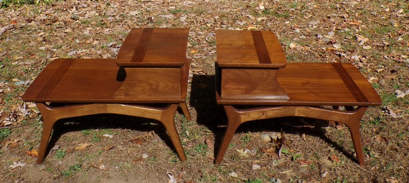 Vintage Pair Mid Century Modern Walnut Two Tiered Step End Tables Baumritter