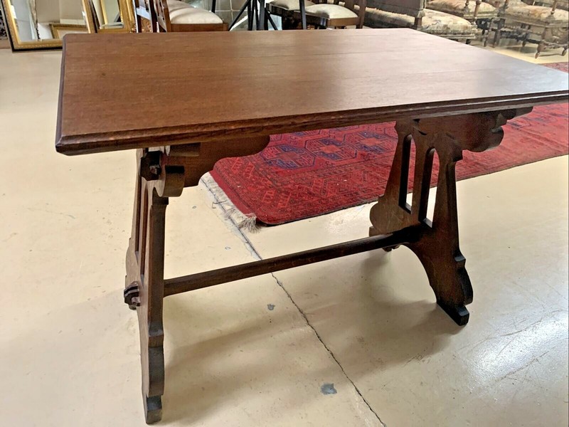 Antique French Solid Oak Gothic Ogee Writing Desk Table Bureau Plat Trestle gallery