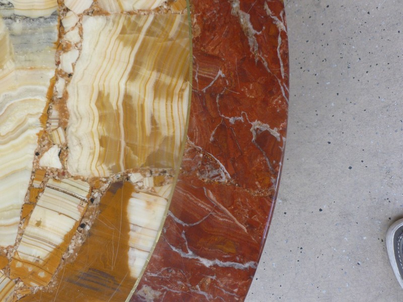SPECTACULAR MULLER BROTHERS ONYX & ALABASTER COFFEE TABLE W CURVED BRASS LEGS gallery