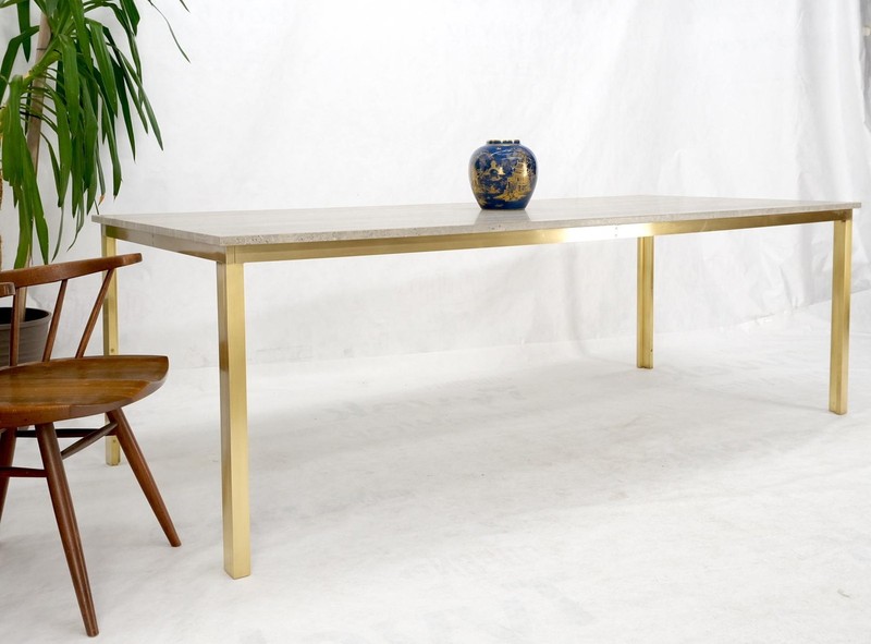 Large Heavy Solid Brass Base Travertine Top Rectangle Dining Table gallery