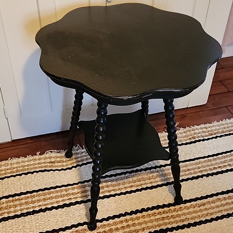 Antique Side Accent Table Turned Bead Leg Wood - Round Scallop Top Painted Black gallery
