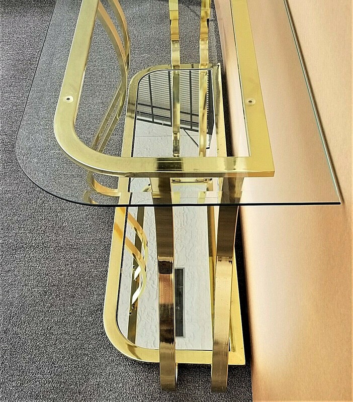 MCM Sculptural MILO BAUGHMAN Style Brass Mirror Console Sofa Table gallery