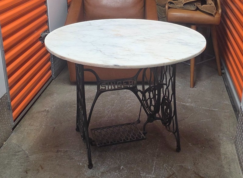 Vintage Singer Cast Iron Treadle Base Console Table w/ Circular Marble Top