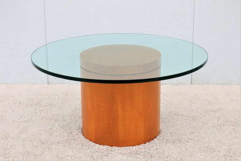 Mid-Century Modern Style 39 in Round Clear Glass Top Drum Wood Base Coffee Table