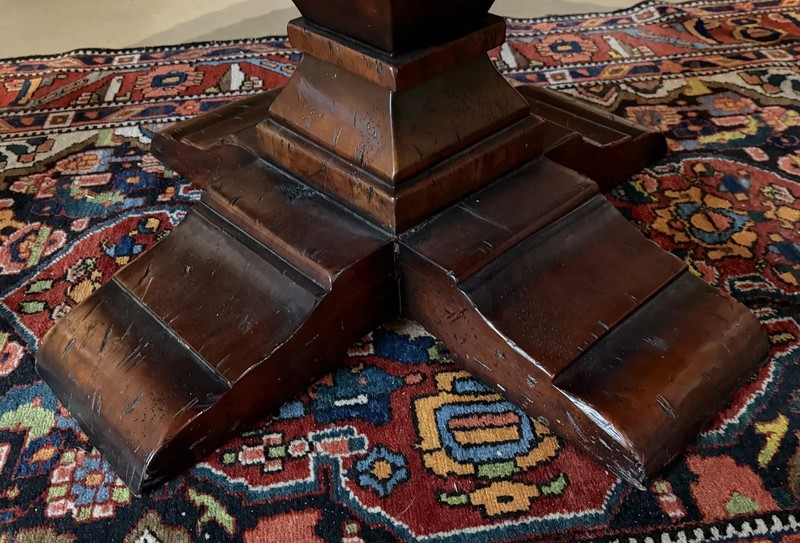 Large Round Continental Walnut Dining Table w/ Carved Pedestal and Nailwork Edge gallery