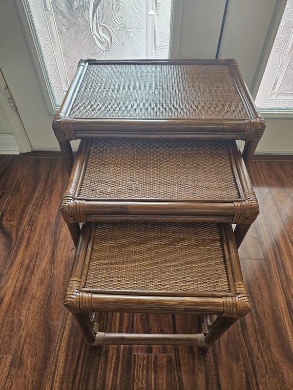 Vintage MidCentury Set PalmBeach Regency Wicker & Rattan Nesting Tables-Very…
