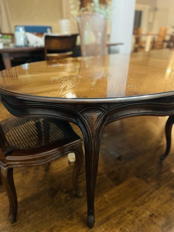 French Provincial Carved Oak Extension Dining Table. 102” long x 44” W x 30” T