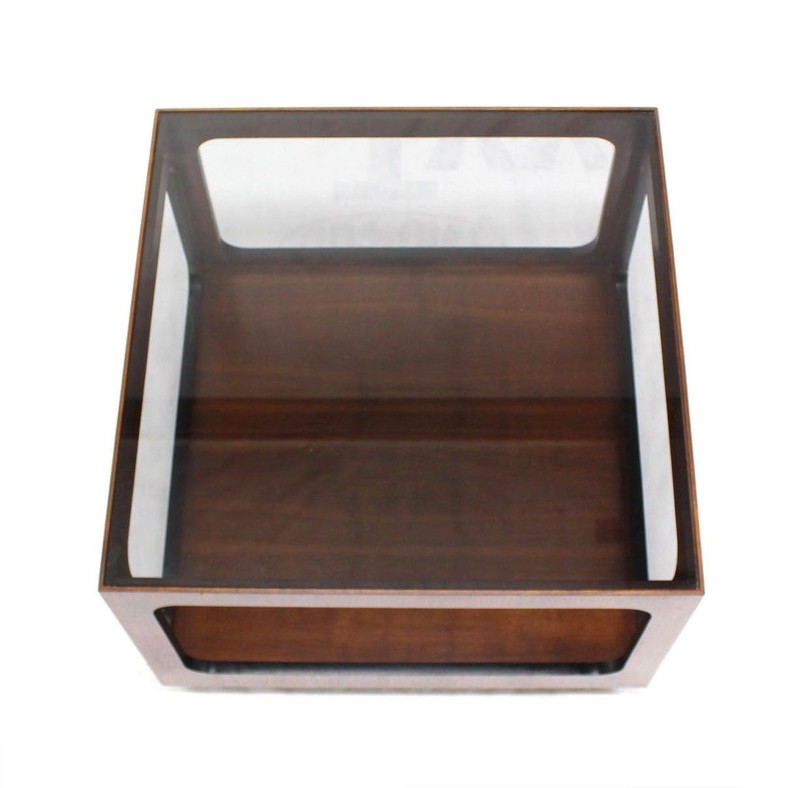 Mid Century Modern Square Cube Walnut Base Glass Top Coffee Side End Lamp Table gallery