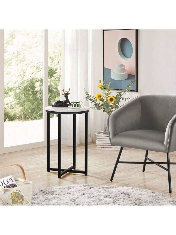 Round Faux Marble End Table X Metal Base Accent Table Antique Gold Black for