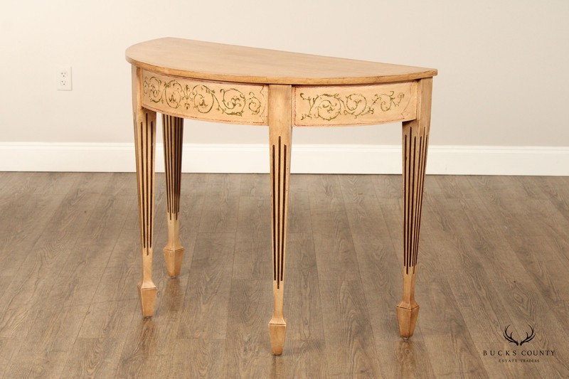 Adam Style Pair of Paint Decorated Demilune Console Tables gallery