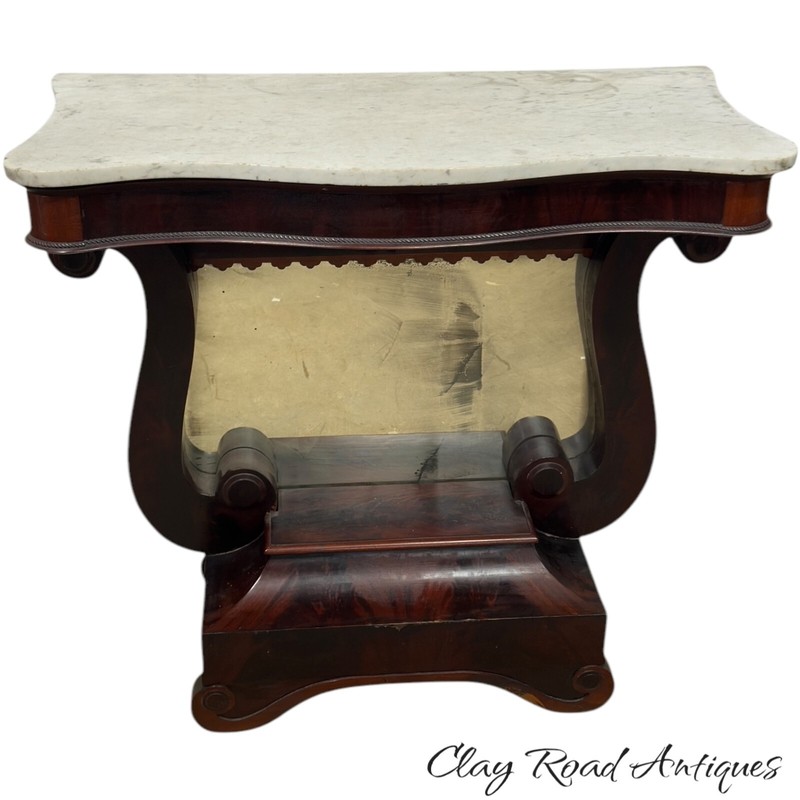 antique empire marble top pier table mirror mahogany classical 1830 scrolls gallery