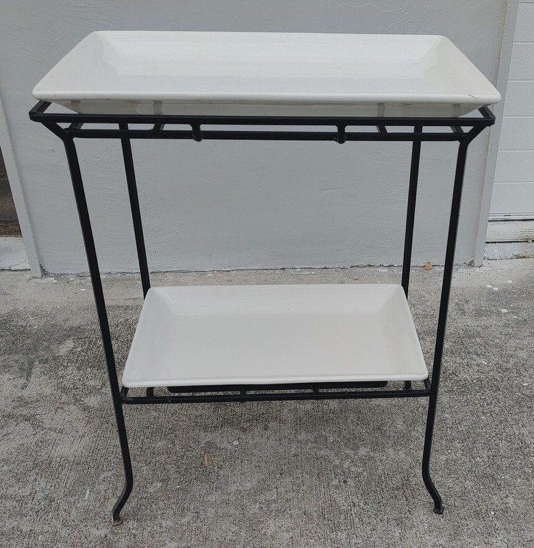 Vintage Two Tier Industrial Wrought Iron & Ceramic Serving Tray Table