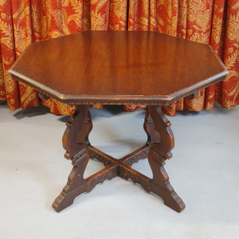 Antique Octagon Wood Center Table Carved Walnut Jacobean Renaissance Card Game gallery