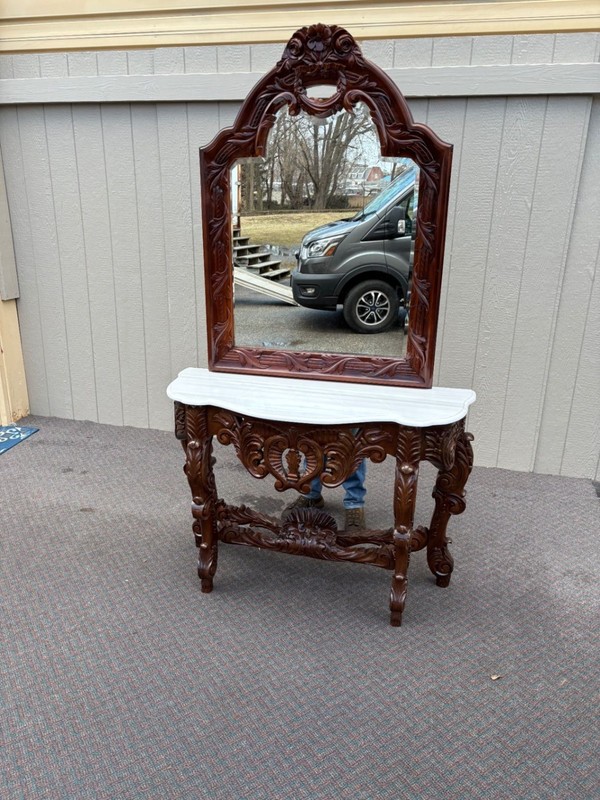 67574 Louis XV Style Marble Top Console Table with Ornate Mirror gallery