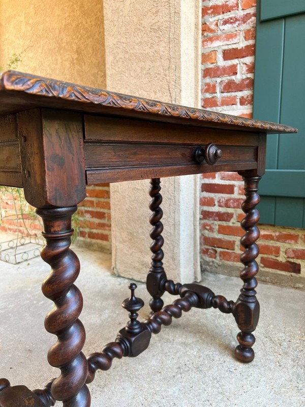 Antique English Console Table Writing Desk Jacobean Barley Twist Carved Oak gallery