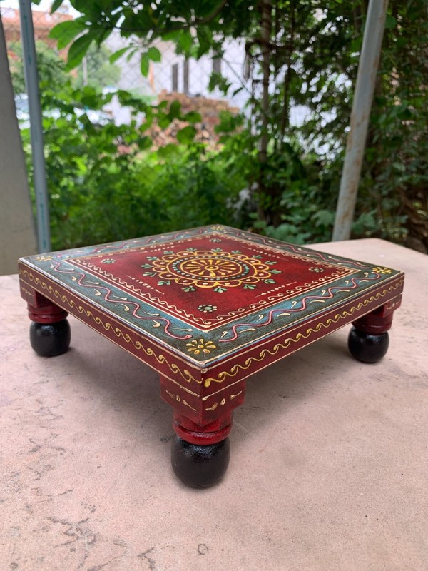 Vintage Antique Wooden Chowki Handmade Painted Home Decorative Bajot Gift Stool