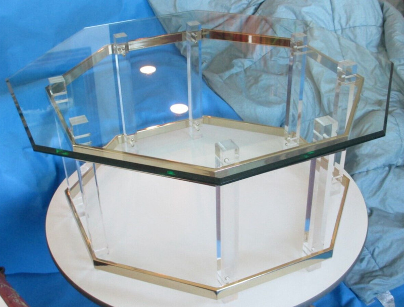 Charles Hollis Jones Attributed Lucite & Brass & Glass Coffee Table MCM