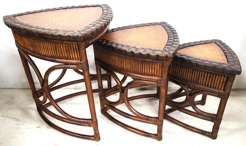 (3) Vintage Bamboo Rattan Coconut Shell Ostrich Nesting Tables gallery