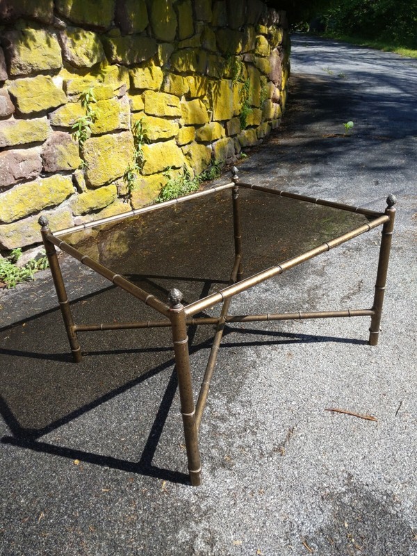 Vintage Maison Bagues Style Smoked Glass Metal Faux Bamboo Table w/ Acorn Posts