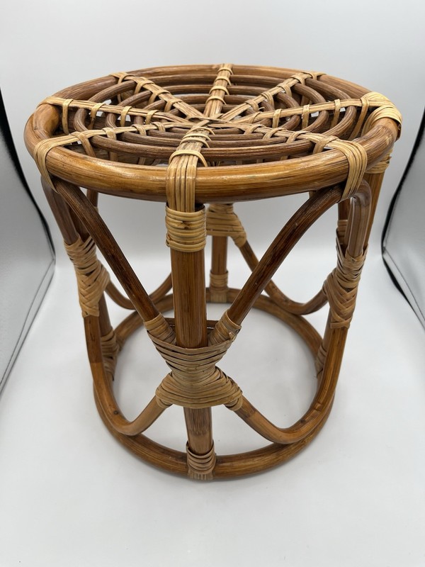 Vintage MCM Boho Chic Bamboo Rattan Round Table Stool Coastal Tiki Plant Stand gallery