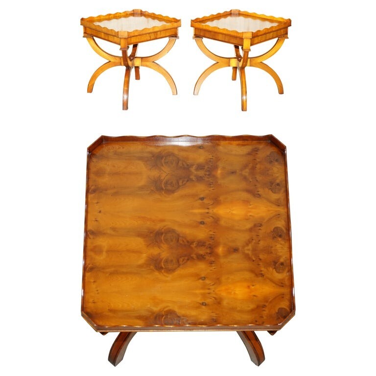 PAIR OF BEVAN FUNNELL ENGLAND BURR YEW SIDE TABLES EACH WITH A SIGNLE DRAWER