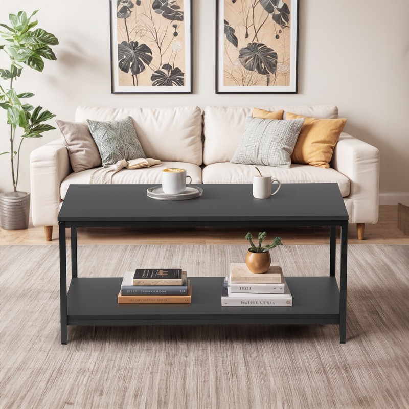 39.4" 2-Tier Coffee Table with Storage Shelve Industrial Black Wood Coffee Table gallery