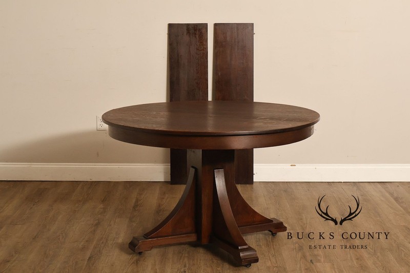 Antique Stickley Brothers 48" Round Oak Dining Table w/2 Leaves gallery