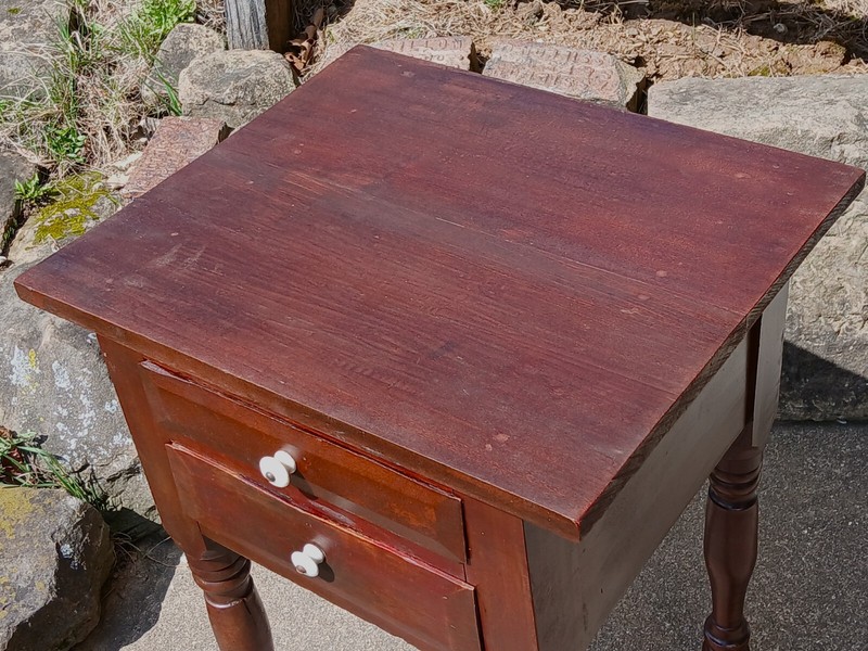 Antique Primitive Two Drawer Stand in Old Dark Red Finish 1850s Era gallery