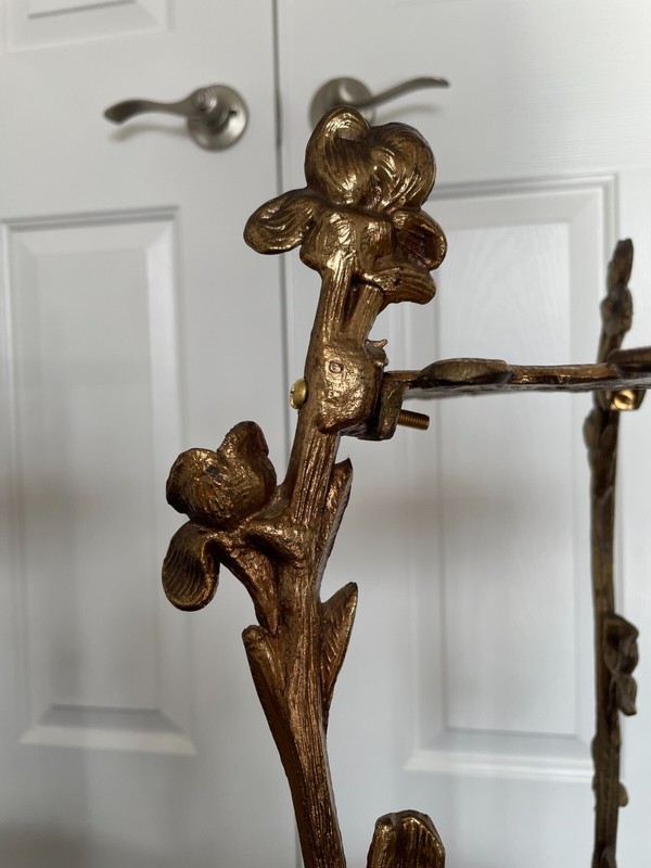 Pair Antique Art Nouveau Two Tier Brass Floral Side Tables - Plant Stands gallery