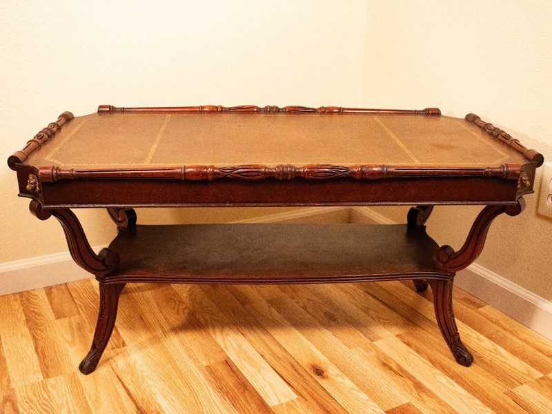 Vintage Leather Inlaid 2 Tier Coffee Table with Gold Lion Head Details