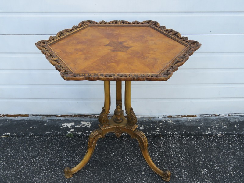 Hand Carved Hexagon Distressed Painted Side Table 1254