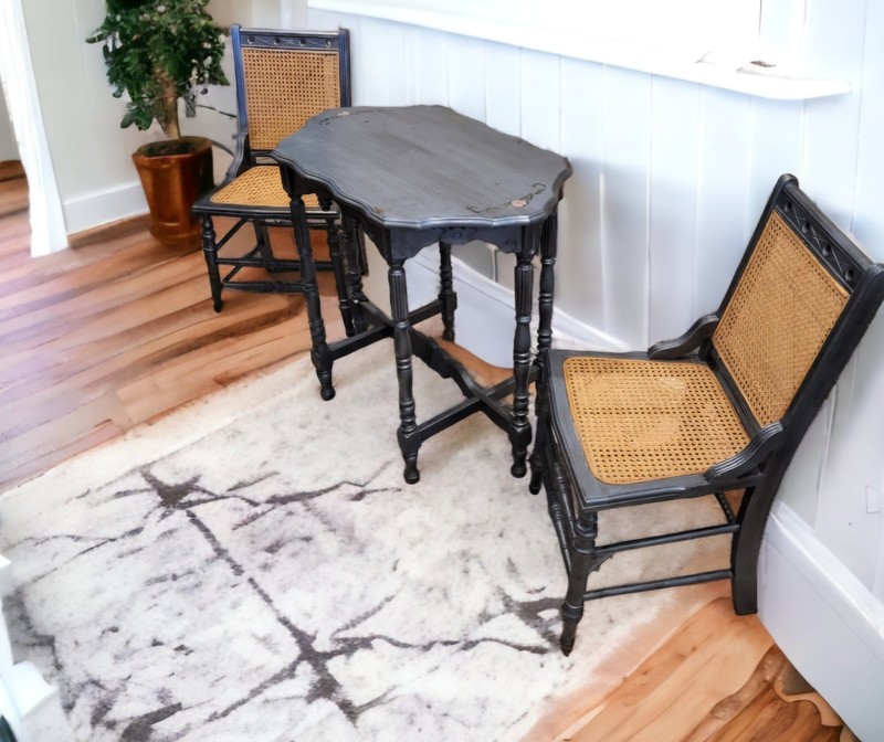 Antique Table With 2 Canned Bottom And Back Chairs