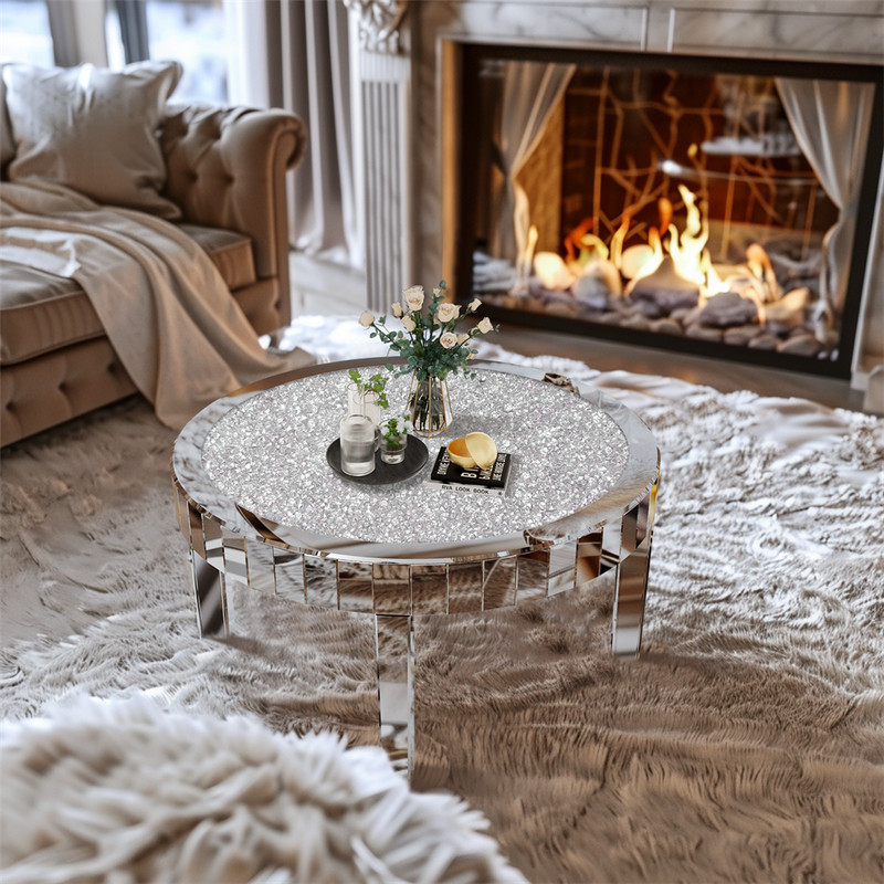 Luxurious Round Mirrored Crush Crystal Diamond Coffee Table for Living Room 80cm gallery