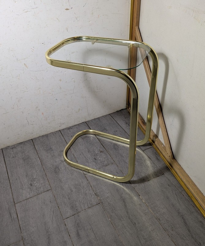Vintage MCM Milo Baughman Style Brass Tone Cantilever Table Glass Top K87