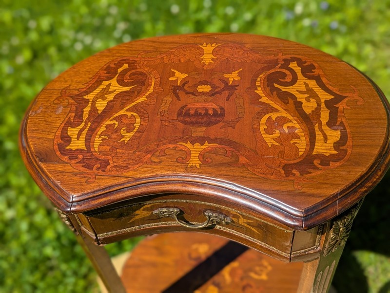 Vintage Louis XV Style Marquetry Inlaid Wood Small Curved Accent Table #1 gallery