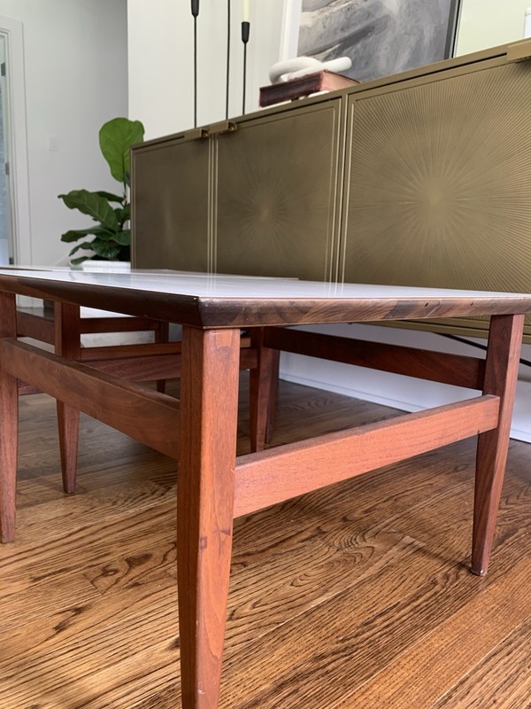 Vintage Mid Century Walnut Base Laminate Top Low Side Tables - a Pair gallery