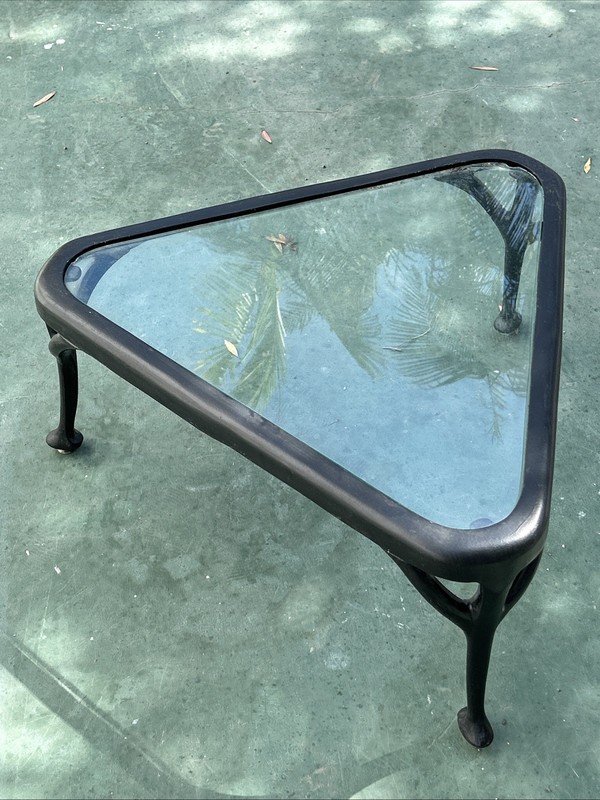 Mid-Century Modern Wrought Iron Patio Table Solid Metal Triangular Vintage