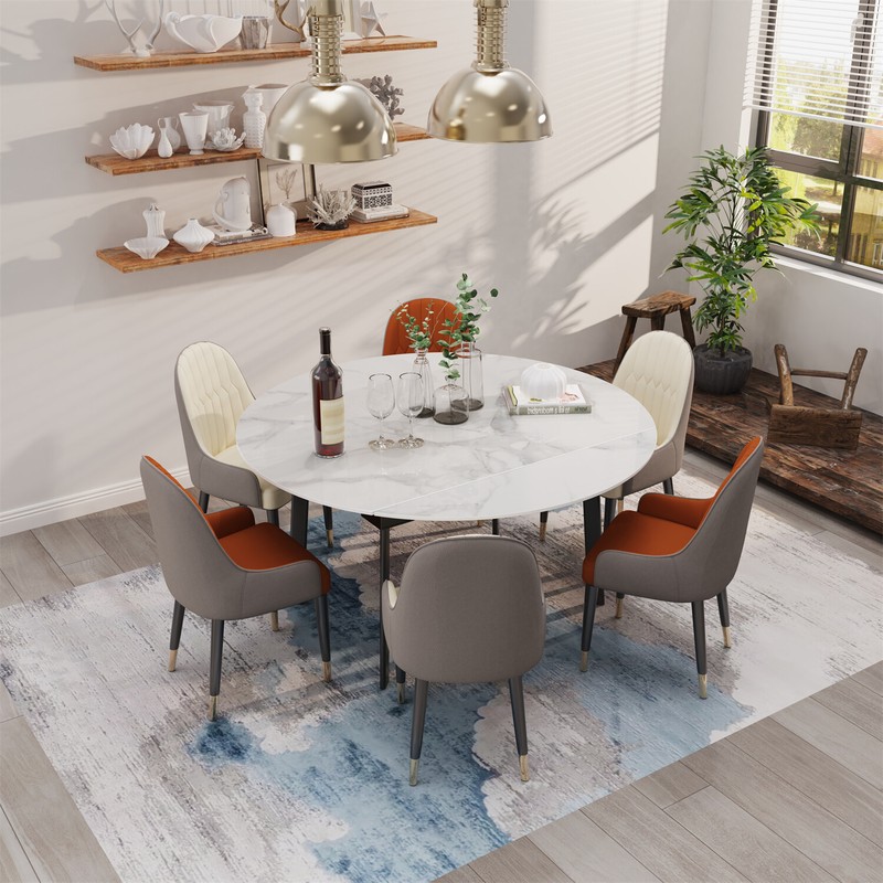 XXL Round Marble Dining Table & Leather Chair Extendable Restaurant Island Table