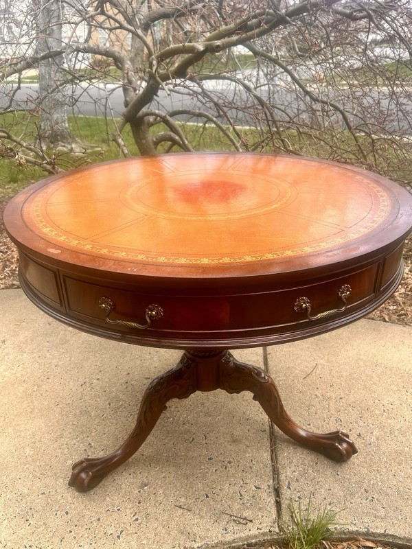 Antique English Chippendale Style Mahogany Leather Top Center Table & Mirror Top