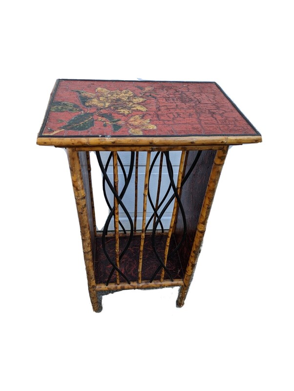 Vintage Edwardian Bamboo Stand Table Accent Display Bar Cabinet Red Floral RARE