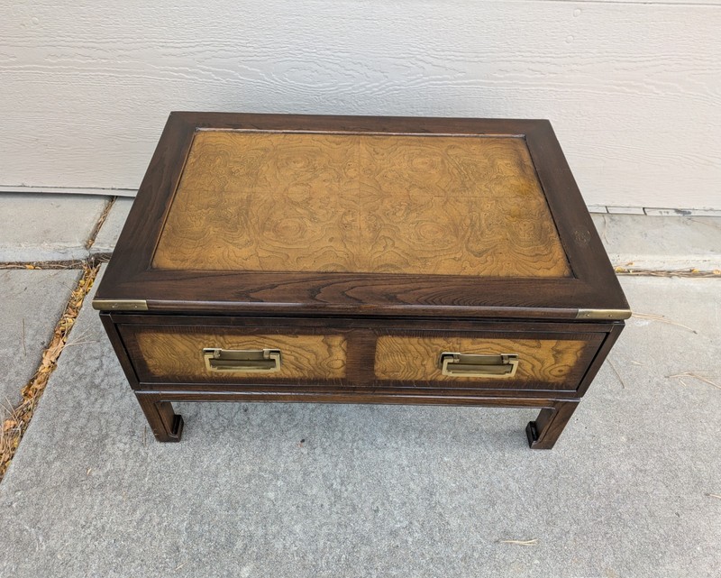 Vintage Knob Creek Ethan Allen Asian Campaign Chinoiserie Burl Wood Table gallery