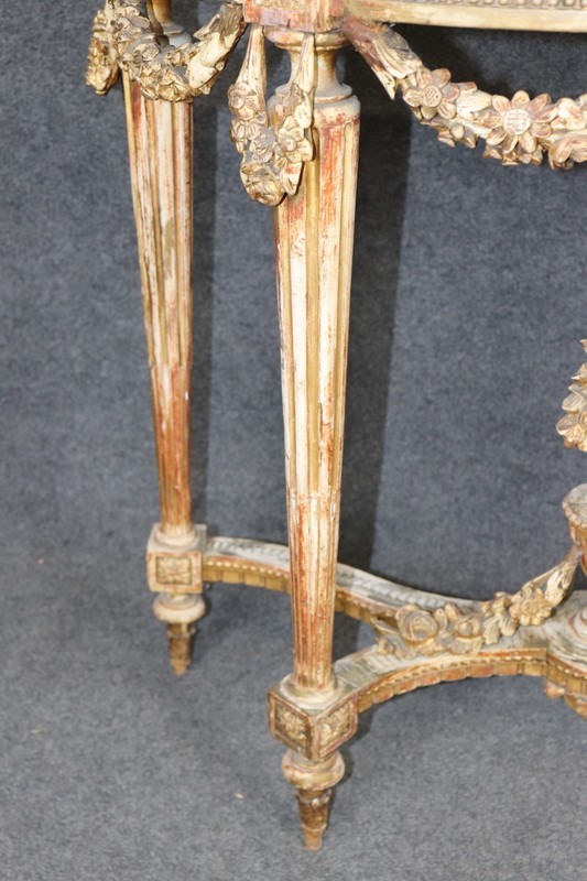 19th Century French Louis XVI Style Distressed Demilune Marble Top Console Table gallery