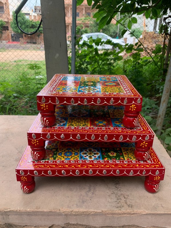 Colourful Hand Embossed Painted Bajot Set Wooden Decorative Chowki Decor Gift gallery