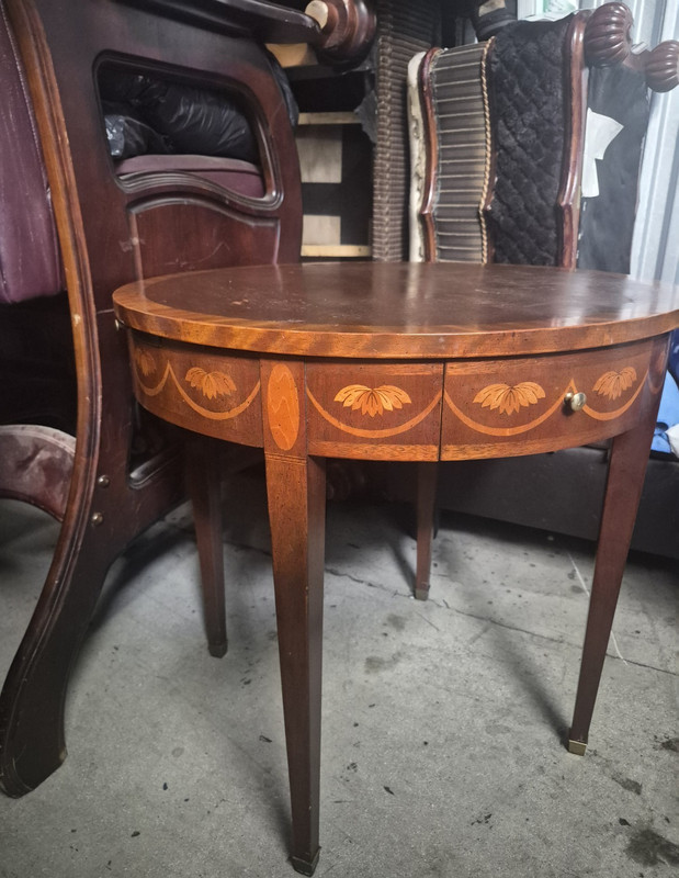 Baker Furniture Antique Inlaid Wood Round Side Table with Drawer and Carvings
