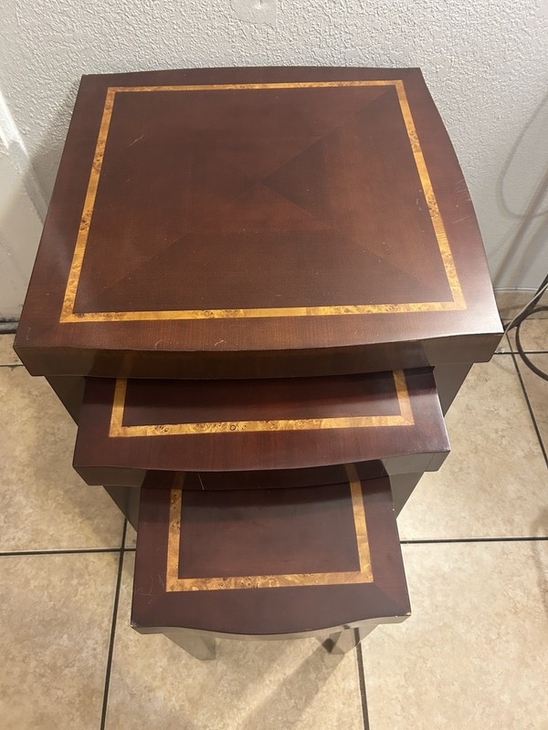 Vintage Solid Mahogany Inlaid Nesting Tables, Quality! Set Of 3 gallery