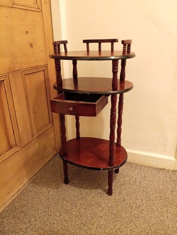 Vintage 19th Century Renaissance Style Wooden Etagere Table With 3 shelf drawer gallery