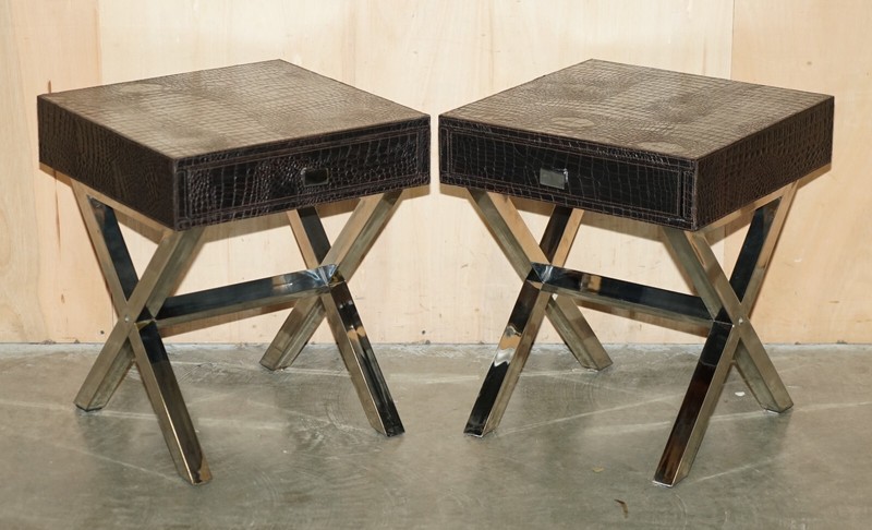 ANDREW MARTIN STYLE PAIR CHROME CROCODILE ALLIGATOR LEATHER PATINA SIDE TABLES gallery