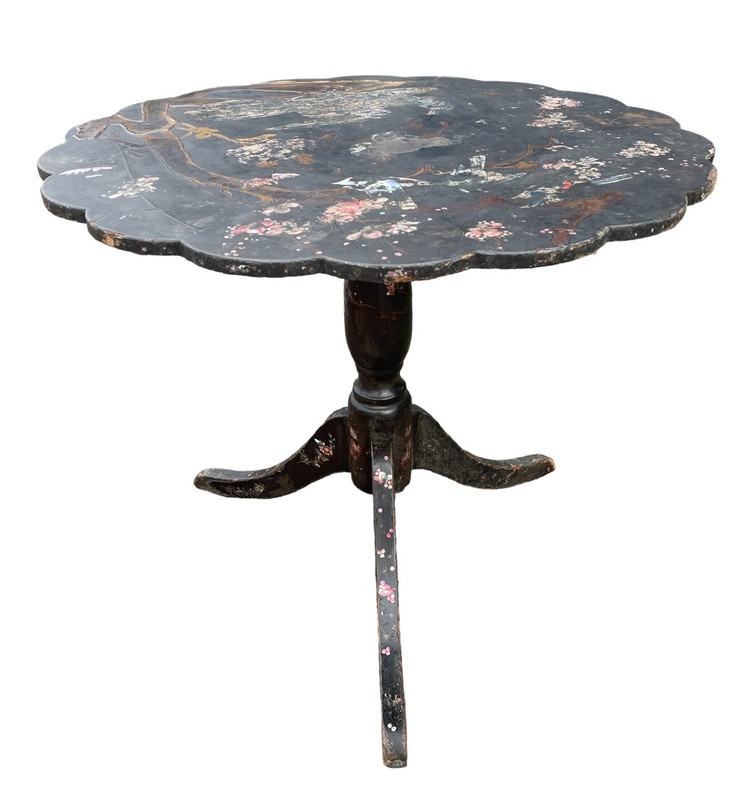 ANTIQUE EBONISED HAND PAINTED & MOTHER OF PEARL OCCASIONAL TABLE 19th CENTURY